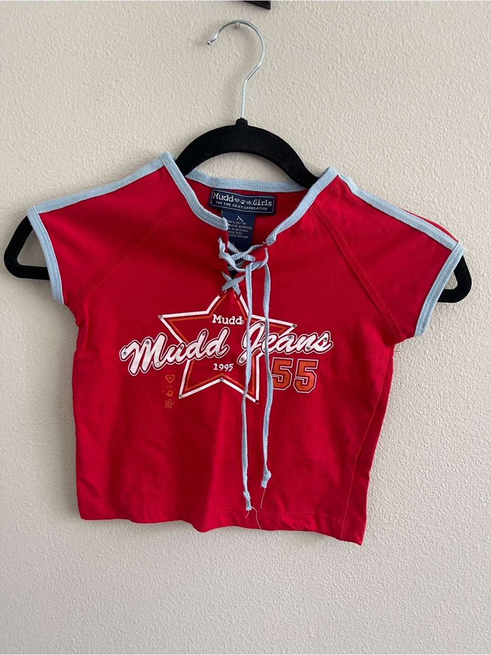 Mudd Red Short-Sleeve Lace-Up Tee with Light Blue Trim
